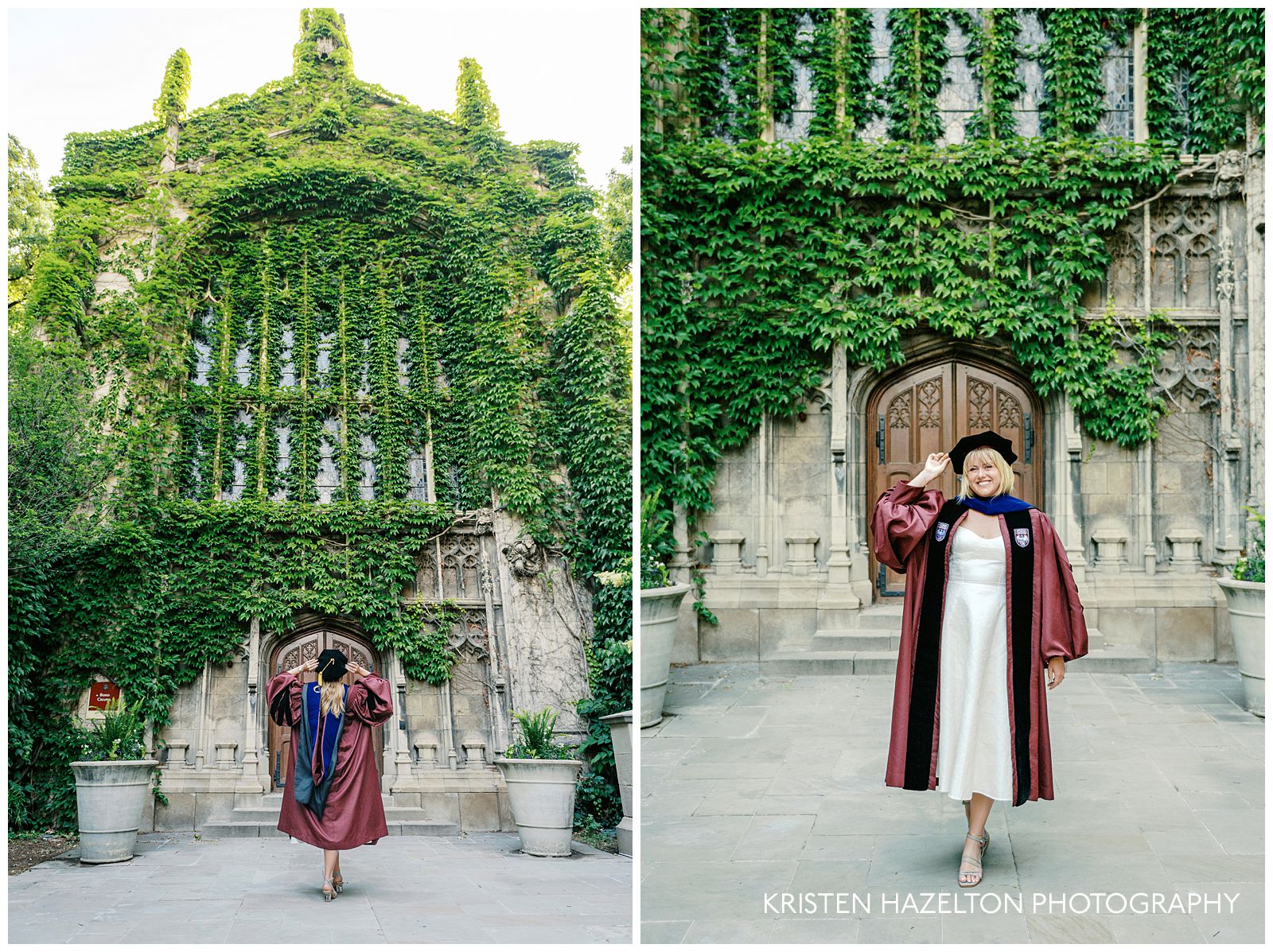 University of Chicago PhD graduate poses for her graduation photos in front of Bond Chapel
