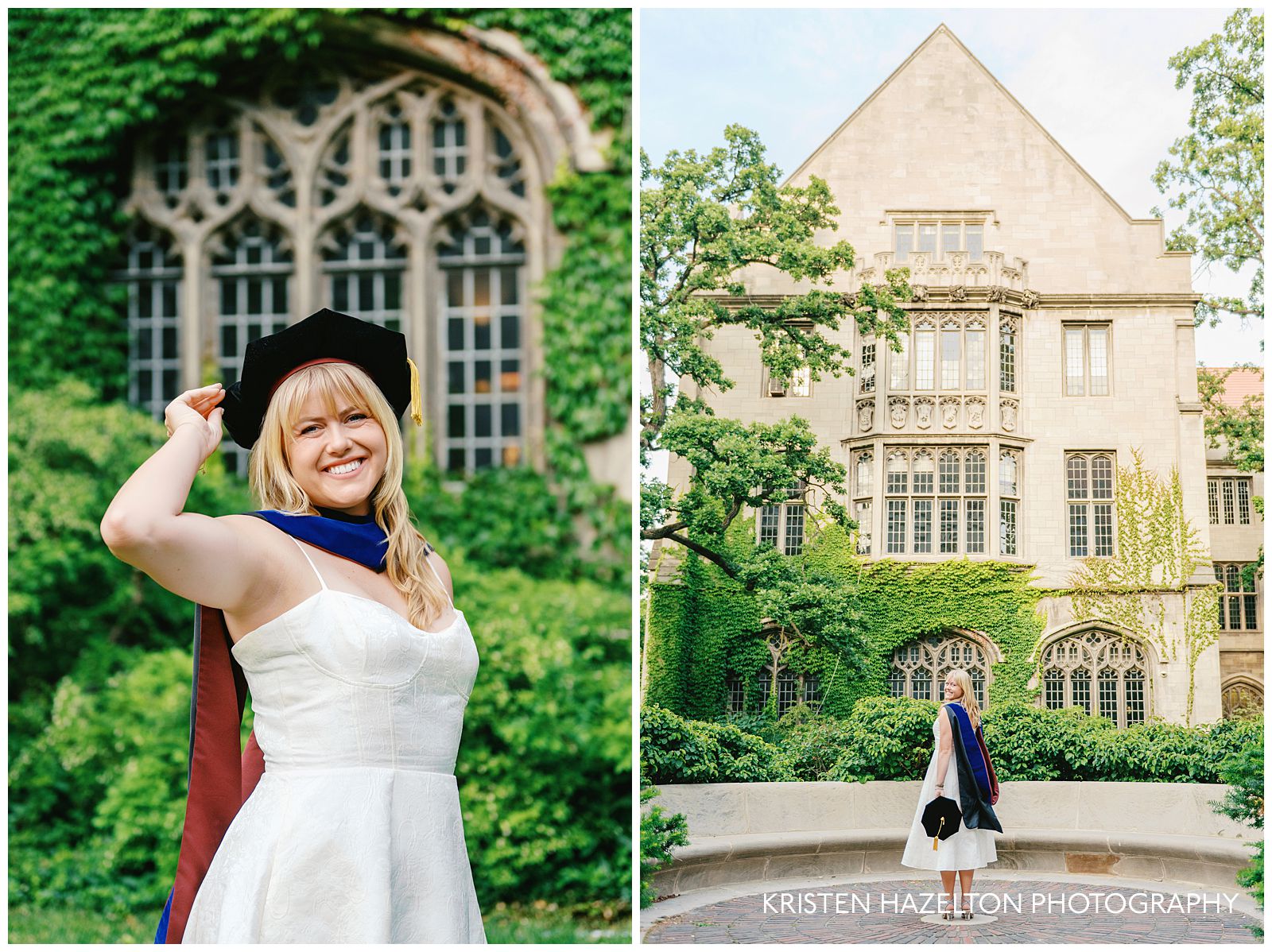 University of Chicago graduate taking grad photos in front of Swift Hall. 