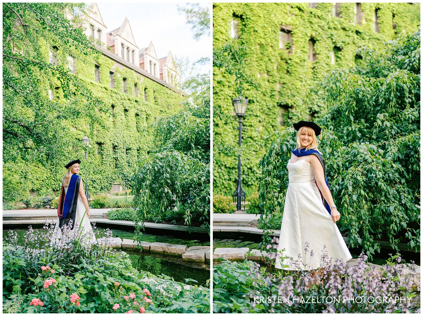 UChicago grad photos at Botany Pond; a PhD graduate wearing her cap and hood pose in front of the pond.