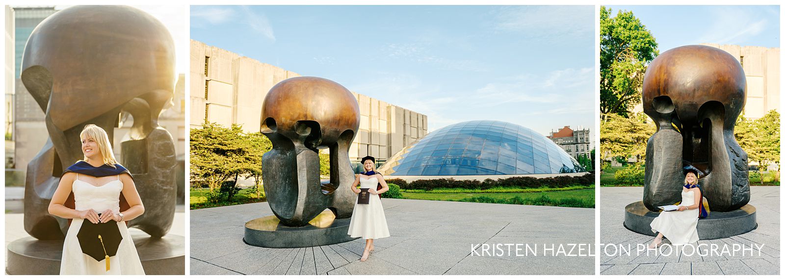 University of Chicago PhD graduate posing in front of the "Nuclear Energy" sculpture.