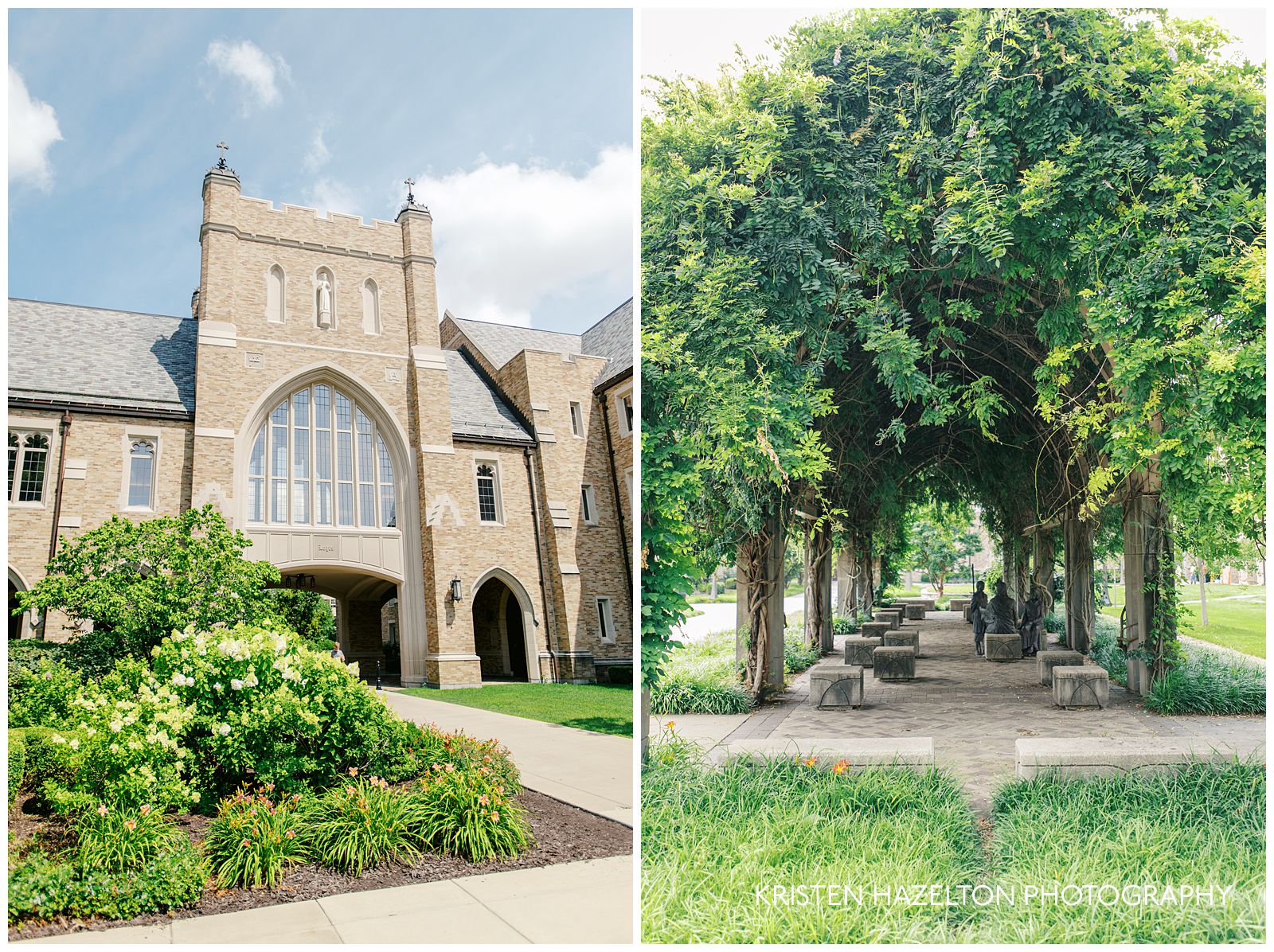 Notre Dame law school arches and green pergola outside the Comp Sci building; some of graduation photographer Kristen Hazelton's favorite locations for Notre Dame graduation portraits