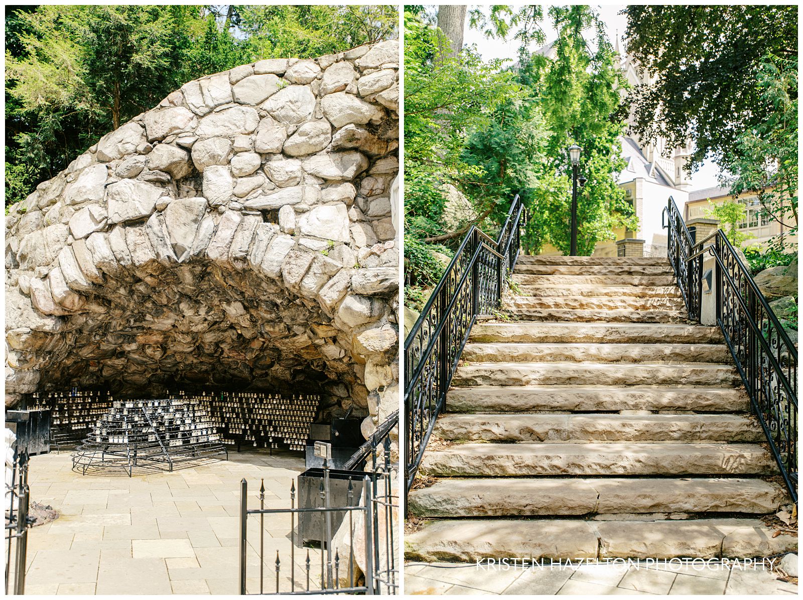 Collage showing different angles of the Grotto on the University of Notre Dame's campus