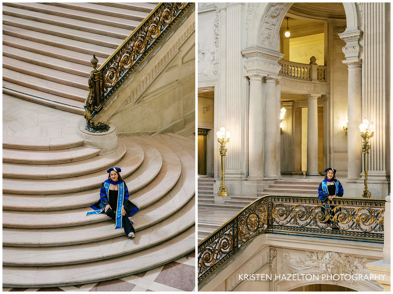 PhD grad student wearing blue regalia taking grad portraits at her San Francisco City Hall photoshoot