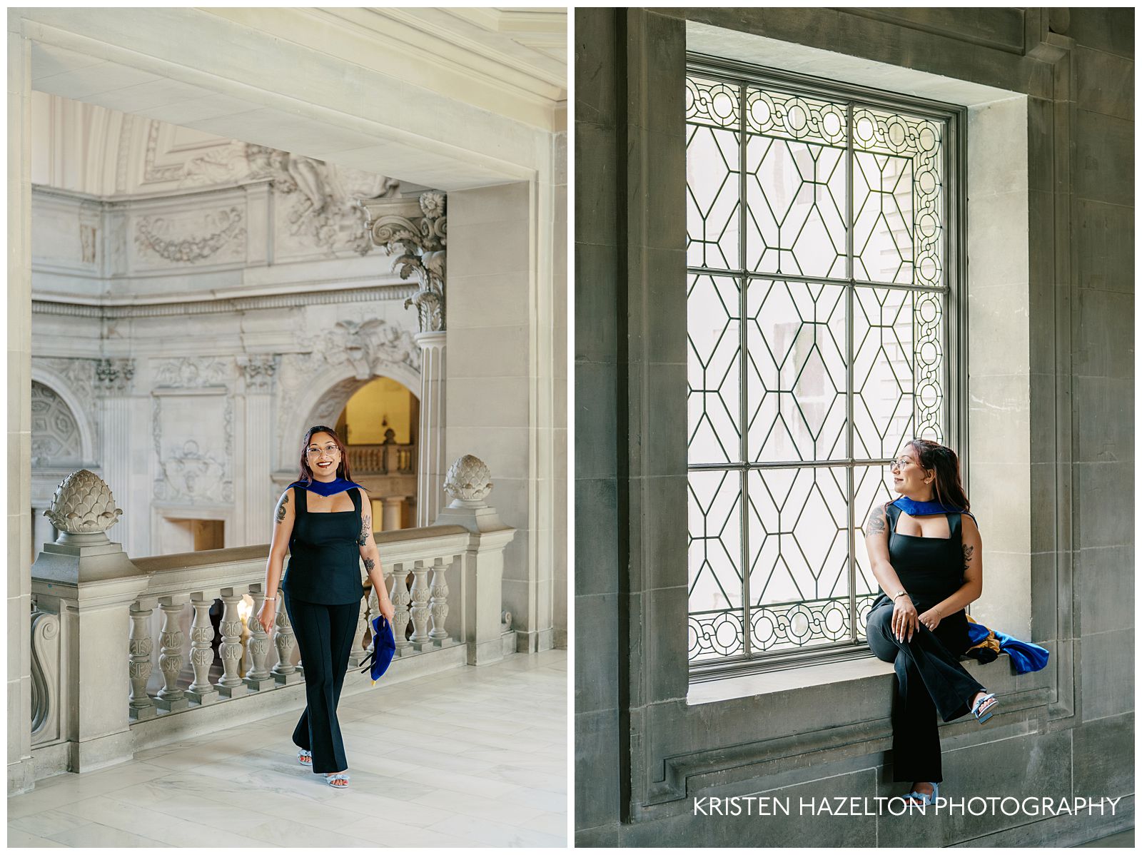 PhD grad student wearing blue regalia taking grad portraits at her San Francisco City Hall photoshoot