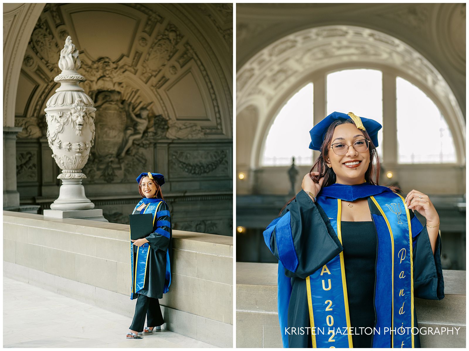 PhD grad student wearing blue regalia taking grad portraits at her San Francisco City Hall photoshoot
