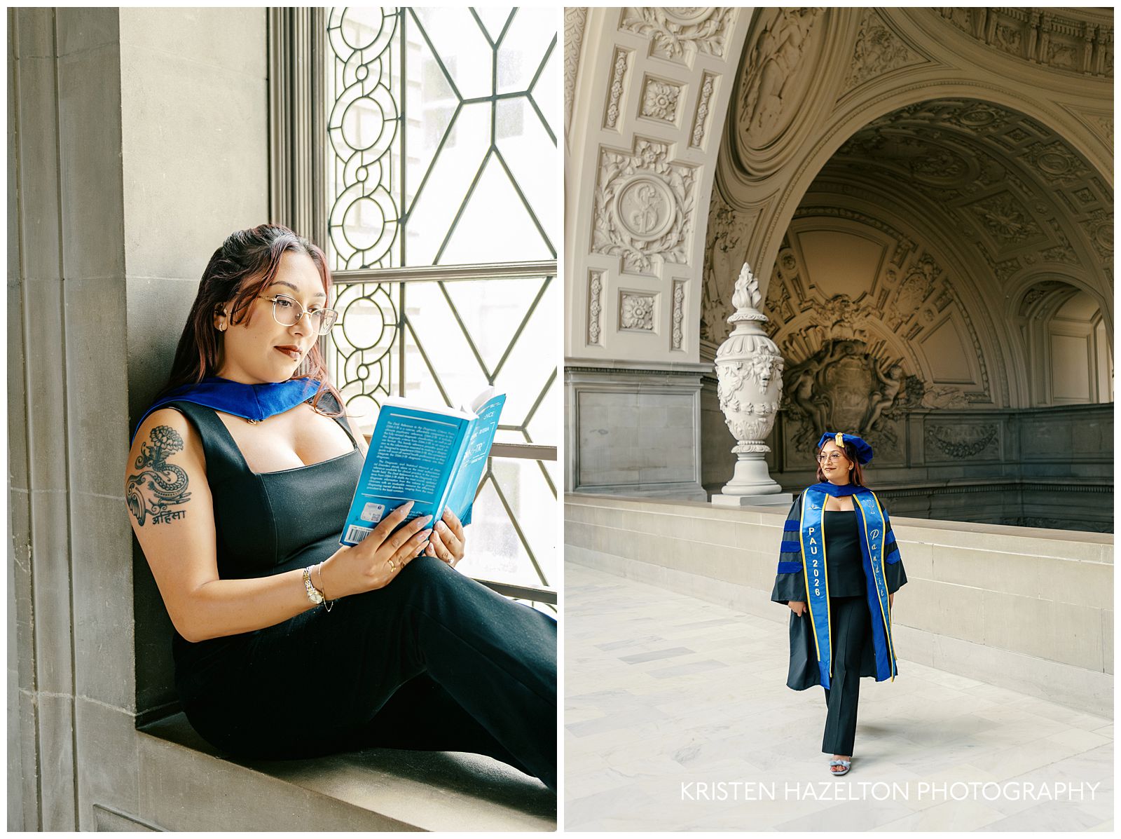 PhD grad student wearing blue regalia taking grad portraits at her San Francisco City Hall photoshoot