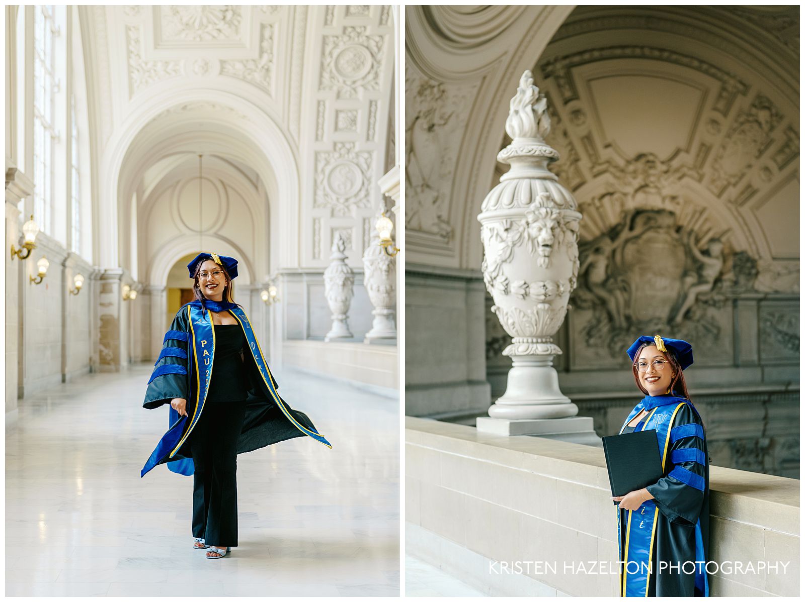 PhD grad student wearing blue regalia taking grad portraits at her San Francisco City Hall photoshoot