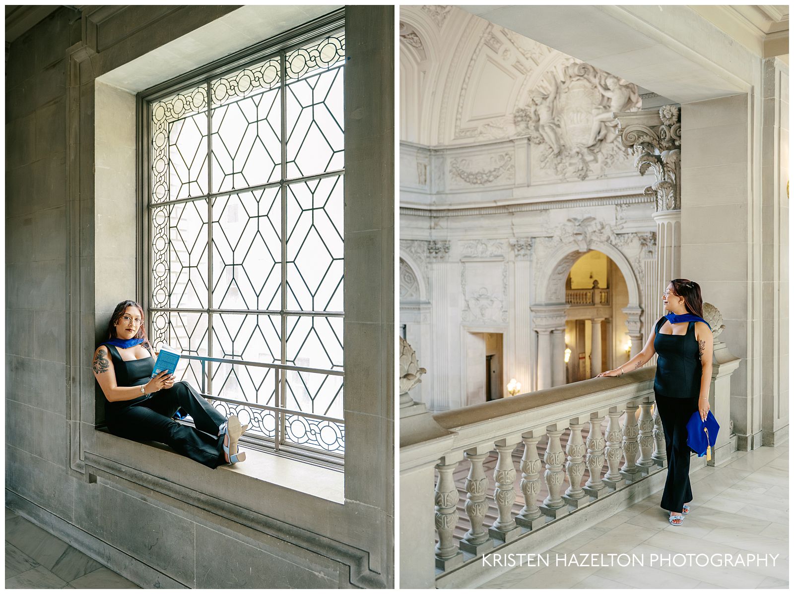 PhD grad student wearing blue regalia taking grad portraits at her San Francisco City Hall photoshoot